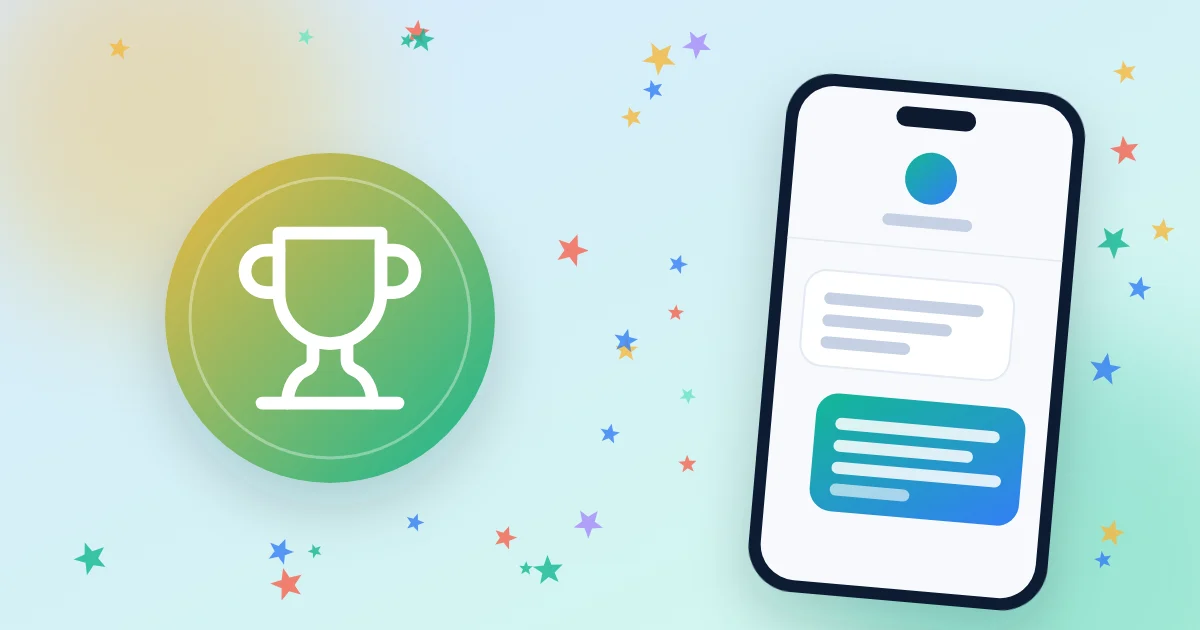 Illustration: a trophy and a phone receiving a congratulations text message