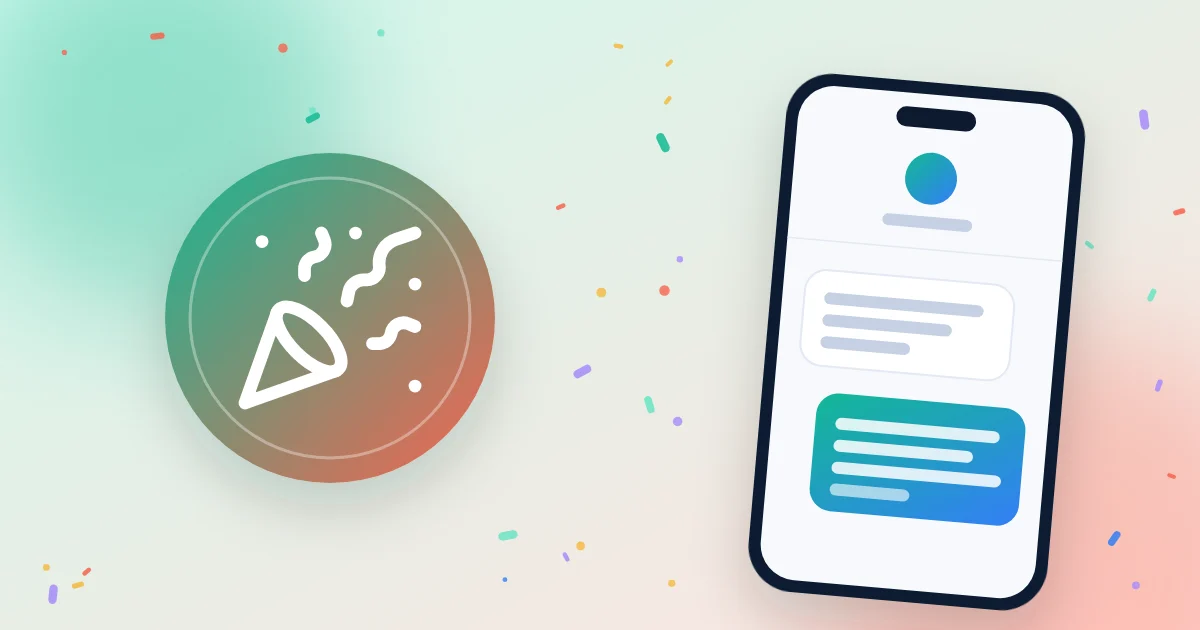 Ilustración: confeti y un teléfono que recibe un SMS de fiesta